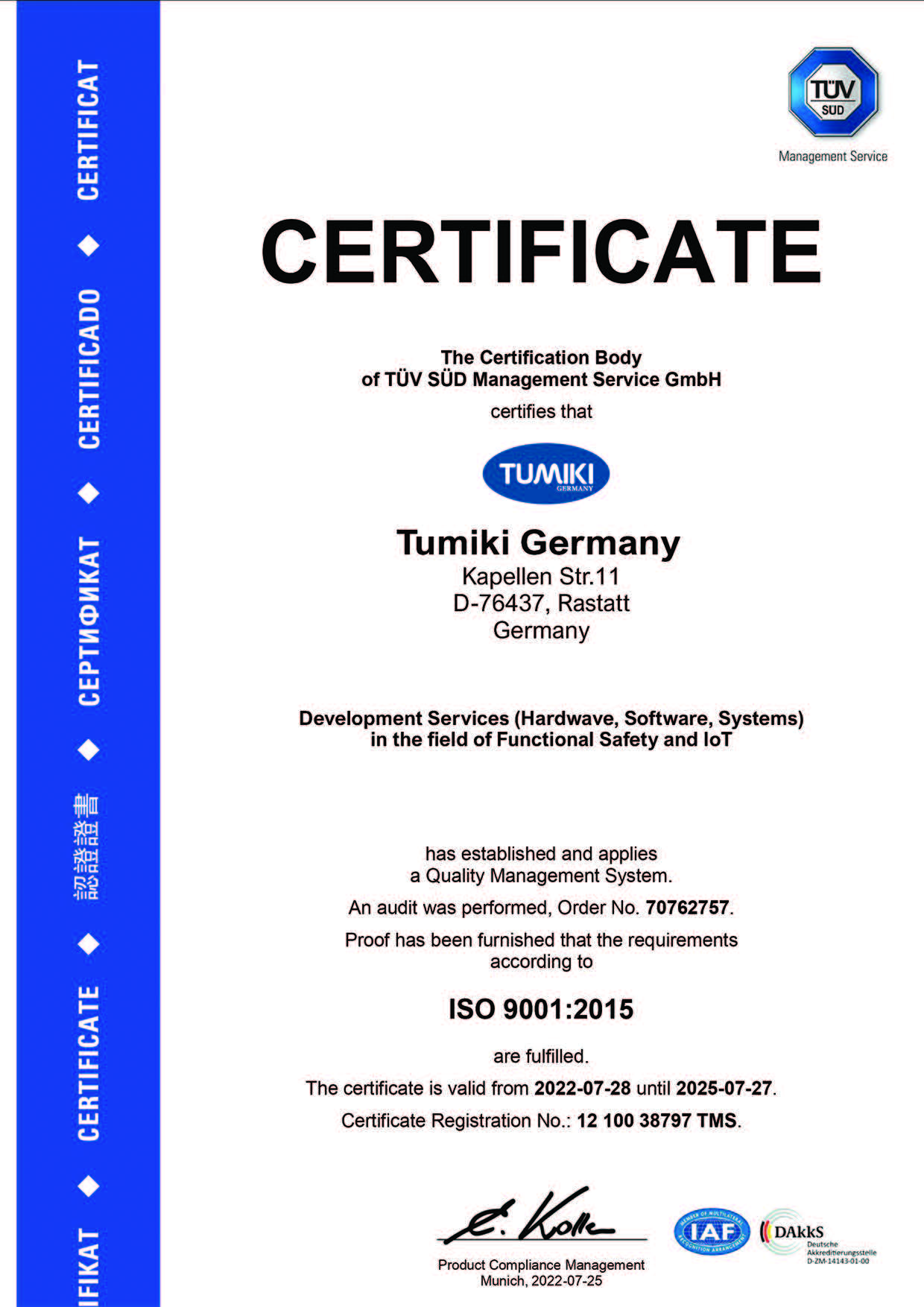 ISO 9001:2015 Certificate - TUMIKI Germany